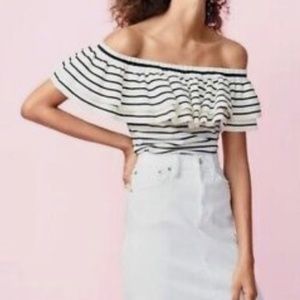 J. Crew Striped Off-the-Shoulder Ruffle Sweater.